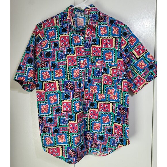 Cherokee Tops - VTG CHEROKEE Women's SZ M Button Up Colorful Abstract Shirt Cotton USA Beach